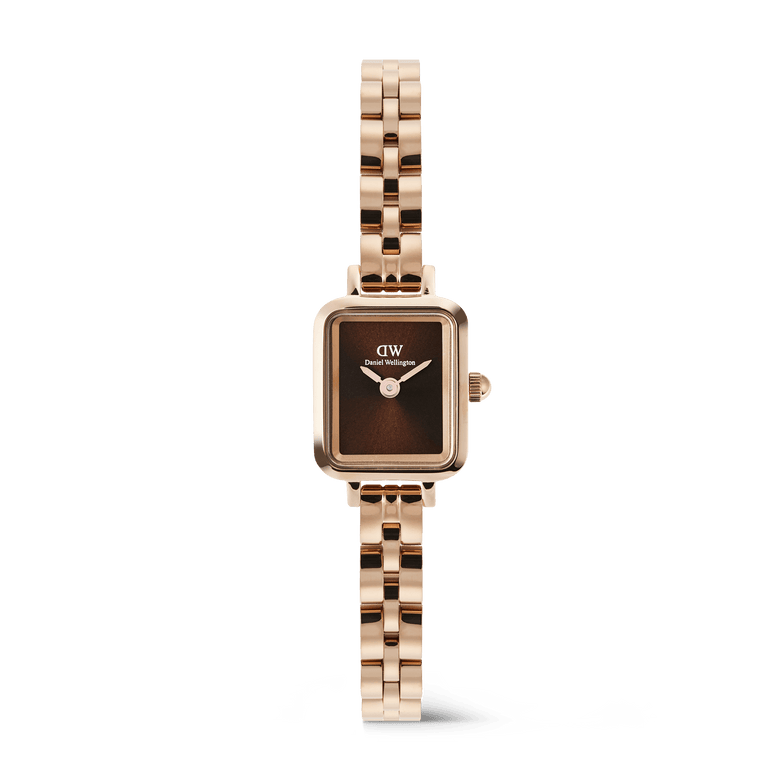 Quadro Mini Arch 3-link Amber Sunray Rose Gold ladies watch featuring a petite rectangular brown sunray dial, polished rose gold 3-link bracelet, and minimalist face, designed for small wrists and everyday wear.