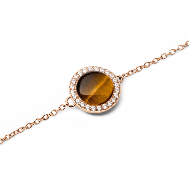 Close-up of the Audrey Bracelet Tiger Eye Rose Gold, highlighting the round tiger eye stone framed by a row of sparkling white cubic zirconia on a fine rose gold chain.