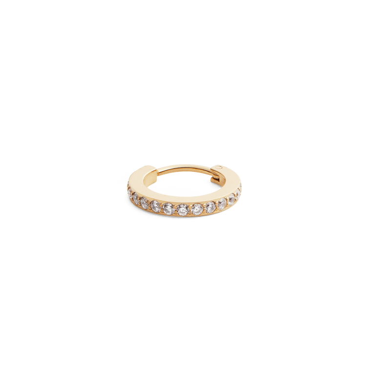 Crystal Hoop Earring Gold featuring a petite gold hoop design with a row of sparkling cubic zirconia crystals set along the front, crafted from stainless steel with a PVD gold finish.