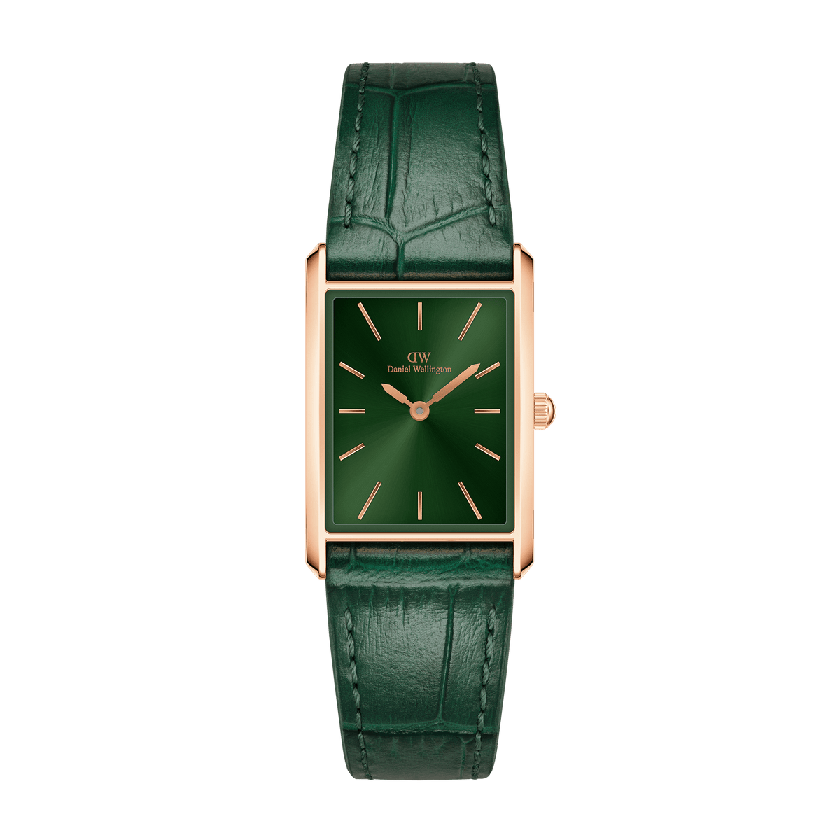 Rectangular rose gold watch with a deep green sunray dial and an emerald green crocodile-embossed leather strap, featuring minimalist hour markers and a slim profile.