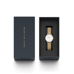 Petite Lumine Bezel Evergold MOP gold watch with a white mother of pearl dial and gemstone bezel, presented in a sleek Daniel Wellington gift box, ideal for gifting or adding to your jewellery collection.