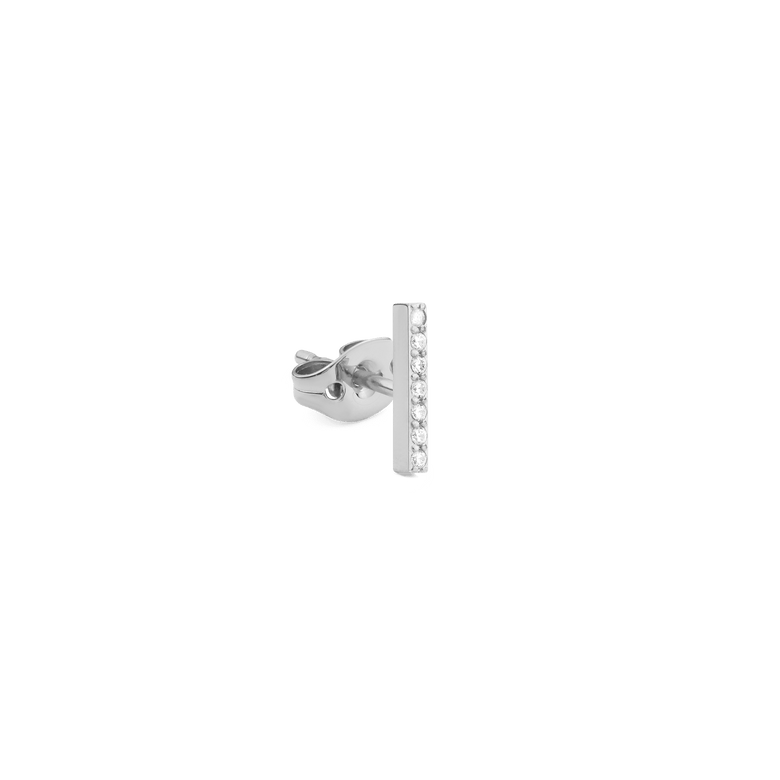 Crystal Bar Stud Silver earring featuring a slim vertical silver bar set with seven cubic zirconia crystals and a secure butterfly back, shown from a side angle.