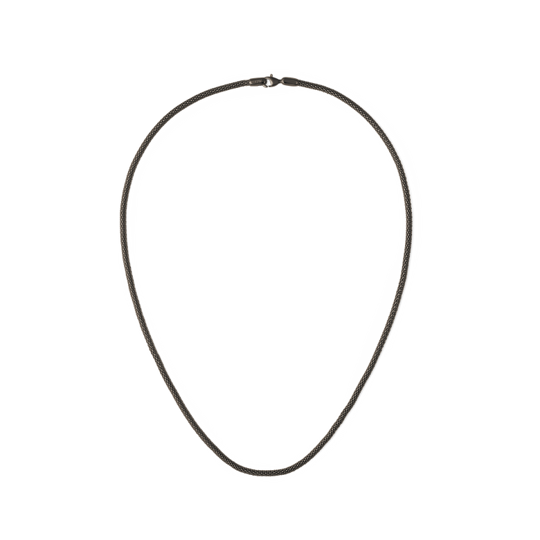 Graphite-tone mesh chain necklace with a bold width and polished finish, featuring a secure lobster clasp and a minimal, modern design suitable for everyday wear.