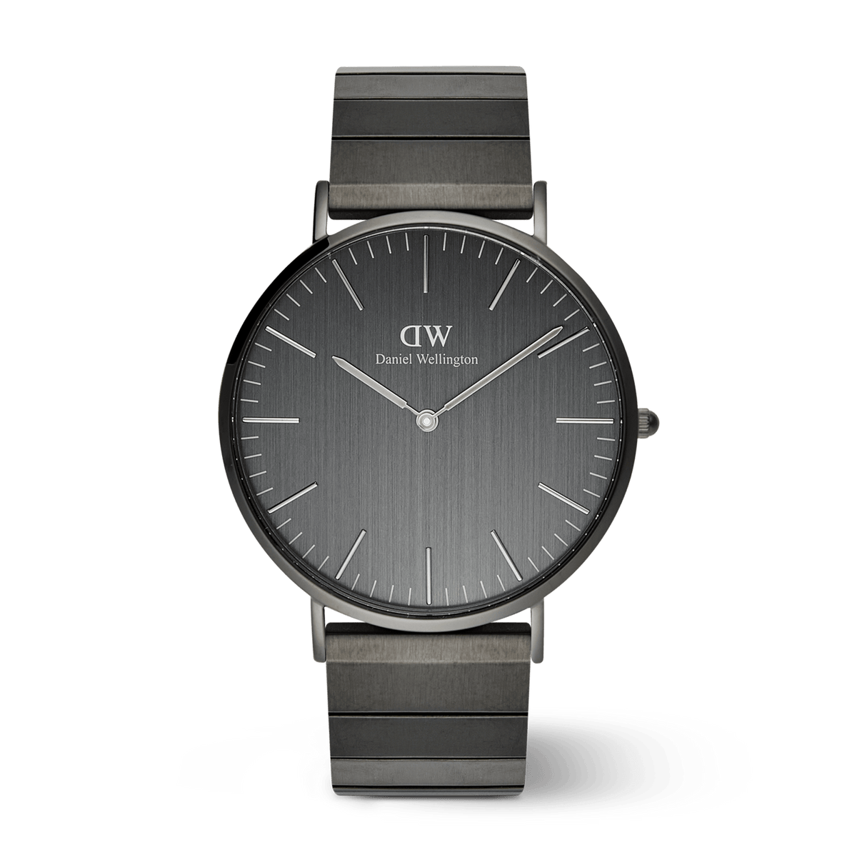 Classic Piano Link Graphite Unitone men's watch featuring a 40mm brushed graphite dial, minimalist hour markers, and a geometric piano link stainless steel bracelet with a matte finish.