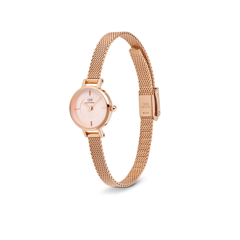 Petite Mini Blush Melrose watch with a blush pink sunray dial, petite 19mm rose gold case, and slim rose gold mesh strap, shown at an angle to highlight its elegant and lightweight design.