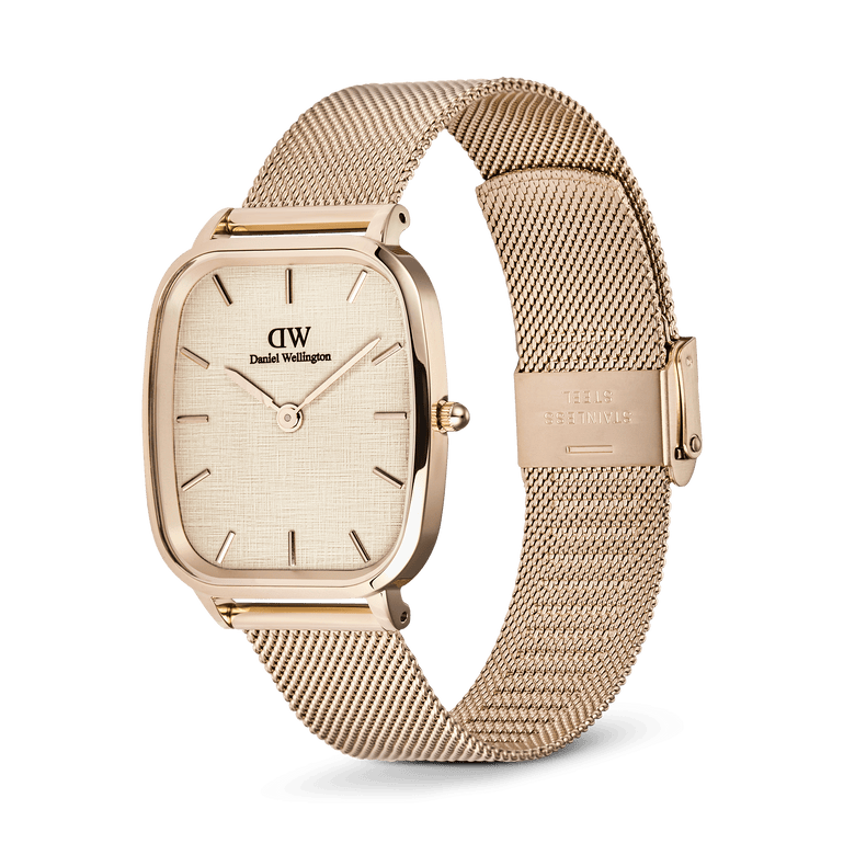 Marlon Melrose Linen men’s watch with a cushion-shaped rose gold case, linen-textured dial, minimalist hour markers, and an adjustable rose gold mesh strap.