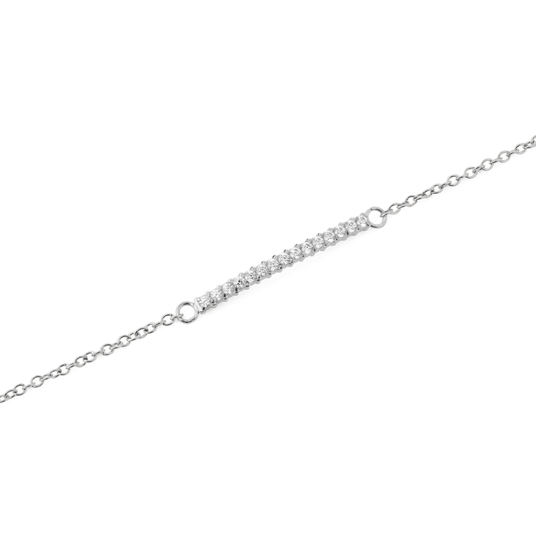 Close-up of the Mirelle Eternity Bracelet Silver showing a slender bar set with white cubic zirconia crystals on a fine silver chain, highlighting its minimalist and elegant design.