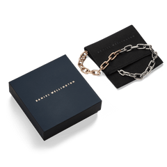 Contrast Link Necklace Two Tone Rose Gold displayed with its Daniel Wellington gift box and pouch, highlighting the distinctive half rose gold and half silver chain design.