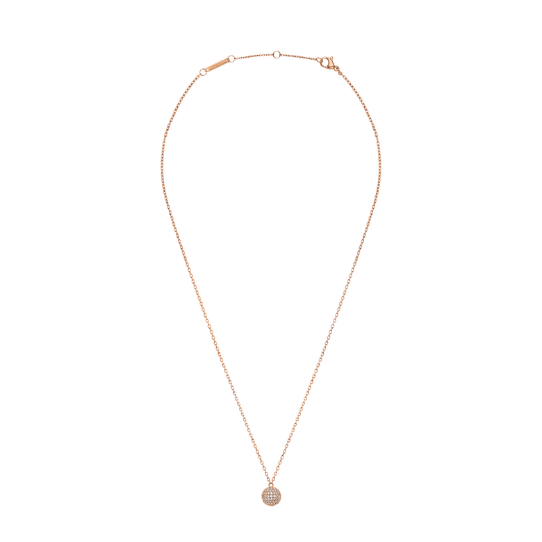 Pavé Crystal Pendant Necklace Rose Gold featuring an adjustable fine rose gold chain and a sparkling pavé sphere pendant set with cubic zirconia crystals, designed for comfortable everyday wear.