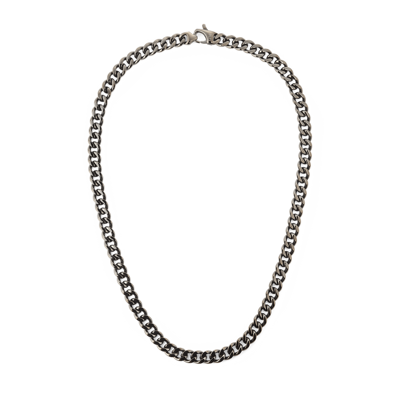Ellipse Cuban Chain Necklace Graphite featuring chunky Cuban links and a matte graphite finish, crafted from stainless steel with a secure lobster clasp.