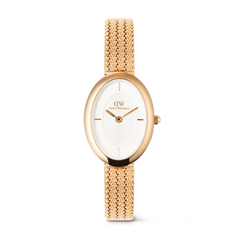 Juliette Braided Mesh White Sunray Rose Gold watch featuring a slim oval case, white sunray dial, minimalist indices, and a braided rose gold mesh strap with polished finish.