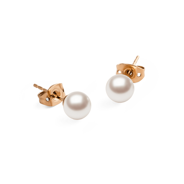 Pearl Stud Earring Rose Gold featuring round white Swarovski glass pearls set in slim rose gold mounts with secure butterfly backings, shown against a plain background to highlight their minimalist and elegant style.