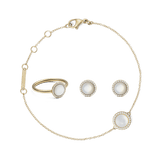 Gold jewellery set featuring a delicate bracelet, matching ring, and stud earrings, each with a round mother of pearl centre surrounded by sparkling stones for an elegant, coordinated look.