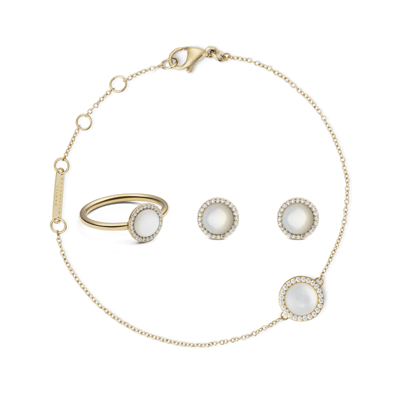 Gold jewellery set featuring a delicate bracelet, matching ring, and stud earrings, each with a round mother of pearl centre surrounded by sparkling stones for an elegant, coordinated look.