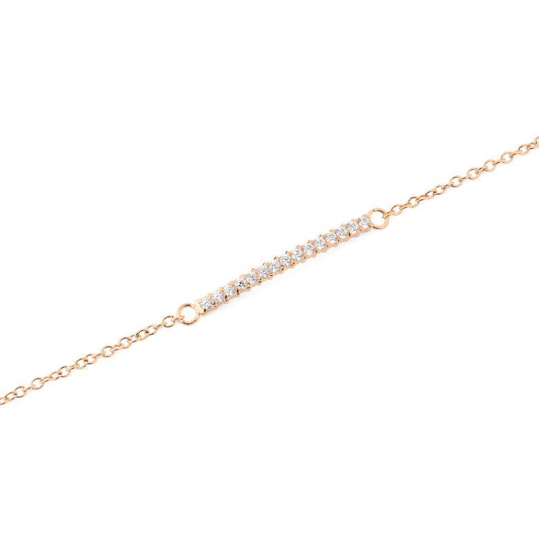 Close-up of the Mirelle Eternity Bracelet Rose Gold, highlighting the slim rose gold chain and the central bar set with sparkling white cubic zirconia crystals for a refined, minimalist look.