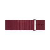 Roselyn Strap Silver in deep ruby red polyester with a minimalist NATO design and a polished silver buckle, suitable for both men’s and women’s watches.