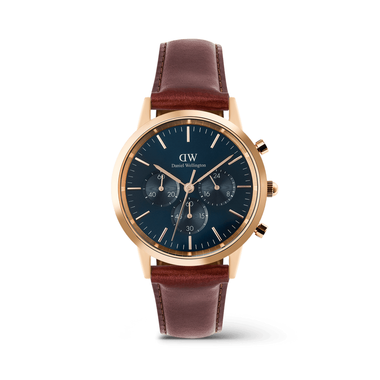 Iconic Chronograph St Mawes Arctic Rg men's watch featuring a blue sunray dial with three sub-dials, rose gold case, and a brown leather strap, designed for versatile everyday wear.