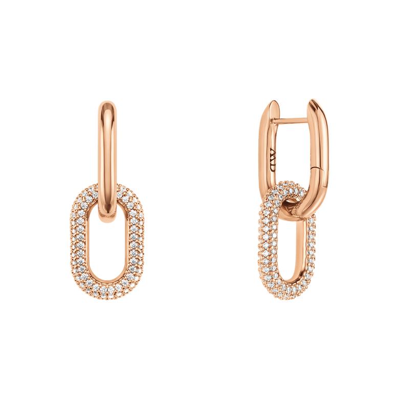 Crystal Link Earrings Rose Gold featuring chunky rose gold plated links adorned with sparkling cubic zirconia crystals, shown with a secure clasp and modern, versatile design.