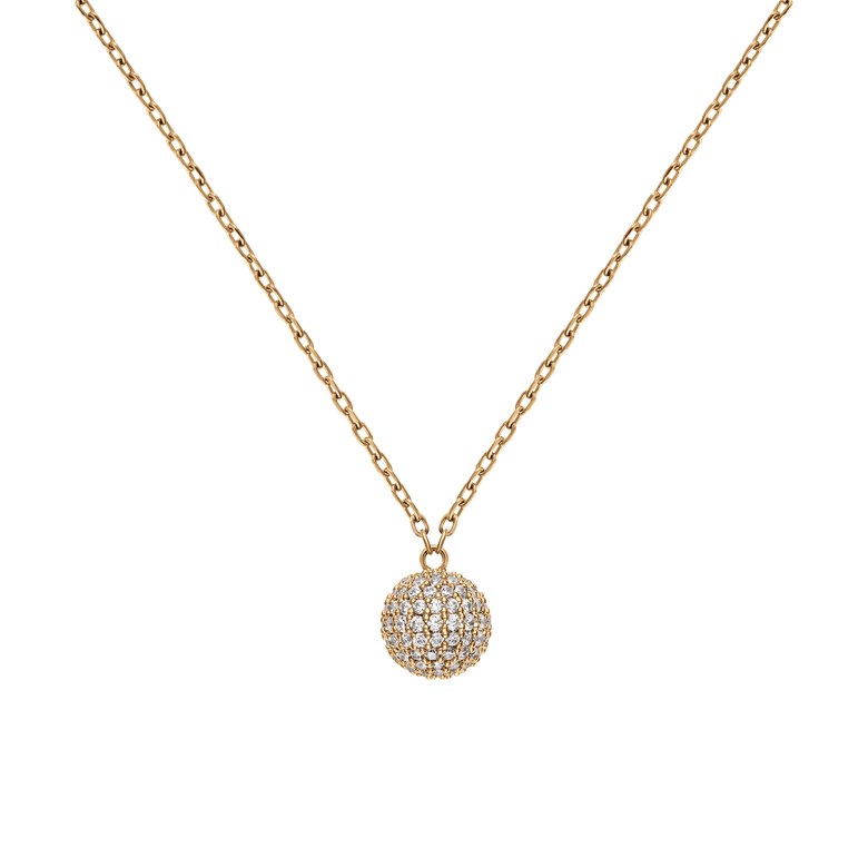 Close-up of the Pavé Crystal Pendant Necklace Gold, showing the gold chain and sphere-shaped pendant covered in sparkling cubic zirconia crystals for a sophisticated, minimalist look.