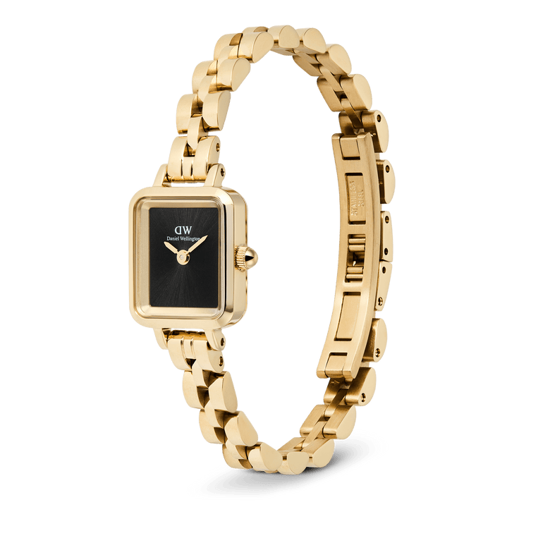 Quadro Mini Arch 3-link Onyx Sunray Gold ladies watch with a rectangular gold case, sleek black dial, and polished PVD gold-plated stainless steel bracelet featuring an adjustable butterfly clasp.