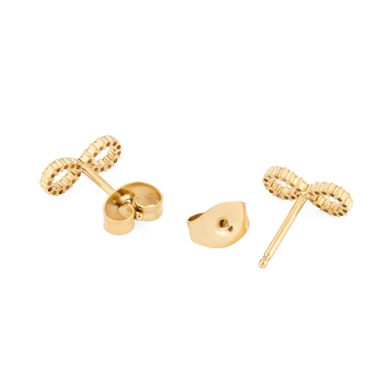 Back view of Mirelle Infinity Earring Gold studs, showing the gold-plated stainless steel infinity design with secure butterfly backs and fine detailing.