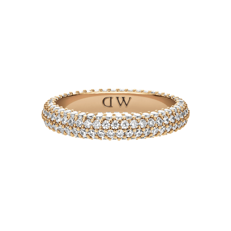 Pavé Crystal Ring Gold with three rows of sparkling cubic zirconia crystals set on a gold plated brass band, featuring a classic and elegant design suitable for women.