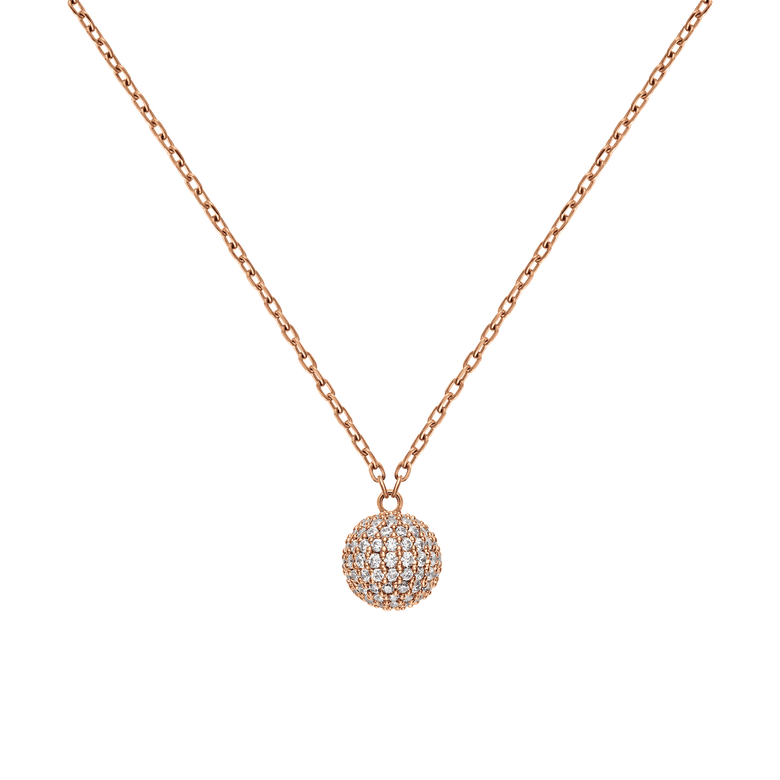 Rose gold Pavé Crystal Pendant Necklace featuring a fine chain and a sparkling pavé sphere pendant set with cubic zirconia crystals, designed for a refined and modern look.