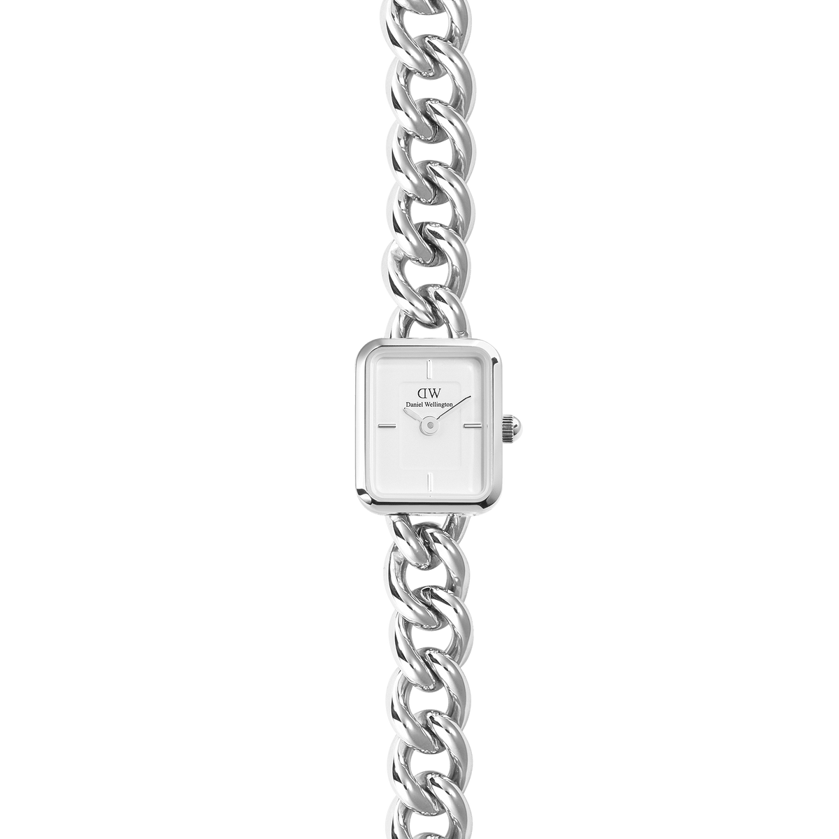 Jolie Chain Silver ladies watch with a chunky polished silver chain bracelet and a minimalist square white dial, designed for versatile everyday wear.