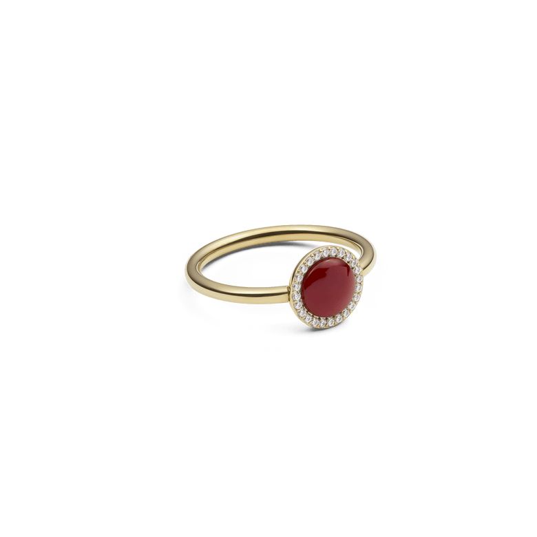 Audrey Ring Red Agathe Gold featuring a slim gold band with a domed red agate stone at the centre, surrounded by a halo of sparkling white cubic zirconia crystals.