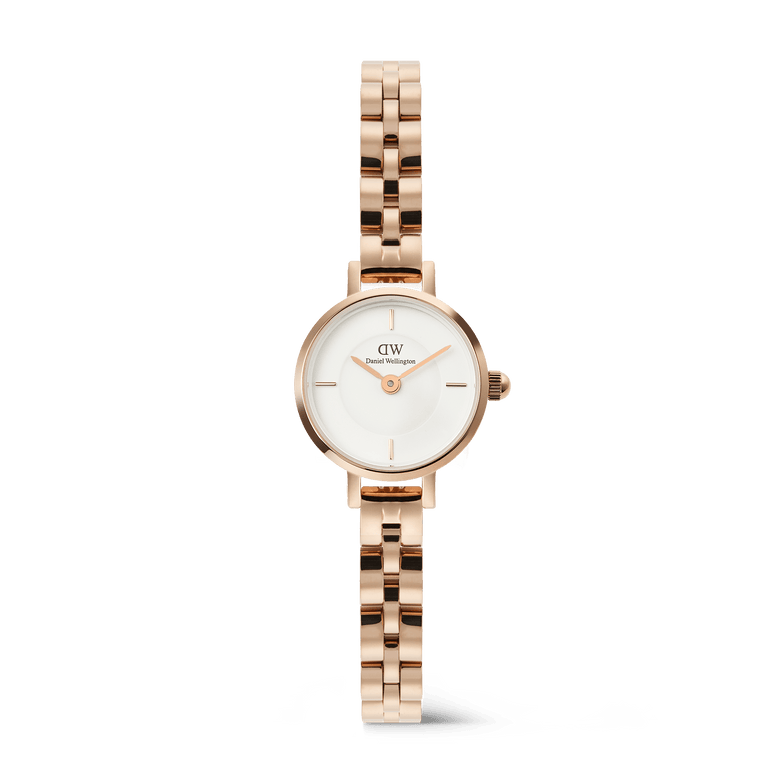 Petite Mini Arch 3-link White Rose Gold watch featuring a slim rose gold stainless steel bracelet, crisp white dial, and minimalist quarter-hour indices, ideal for women seeking an elegant and lightweight accessory.