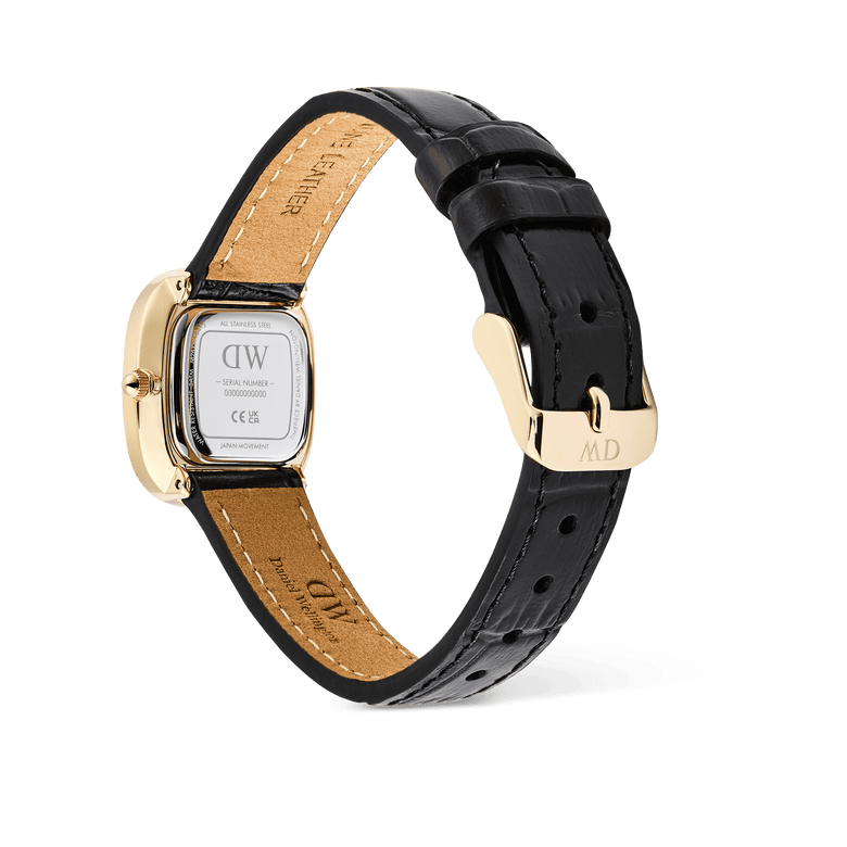 Margot Reading Onyx Ceramic Gold ladies watch shown from the back, highlighting the gold-tone pin buckle, croco-embossed black leather strap, and stainless steel case with Japanese quartz movement details.