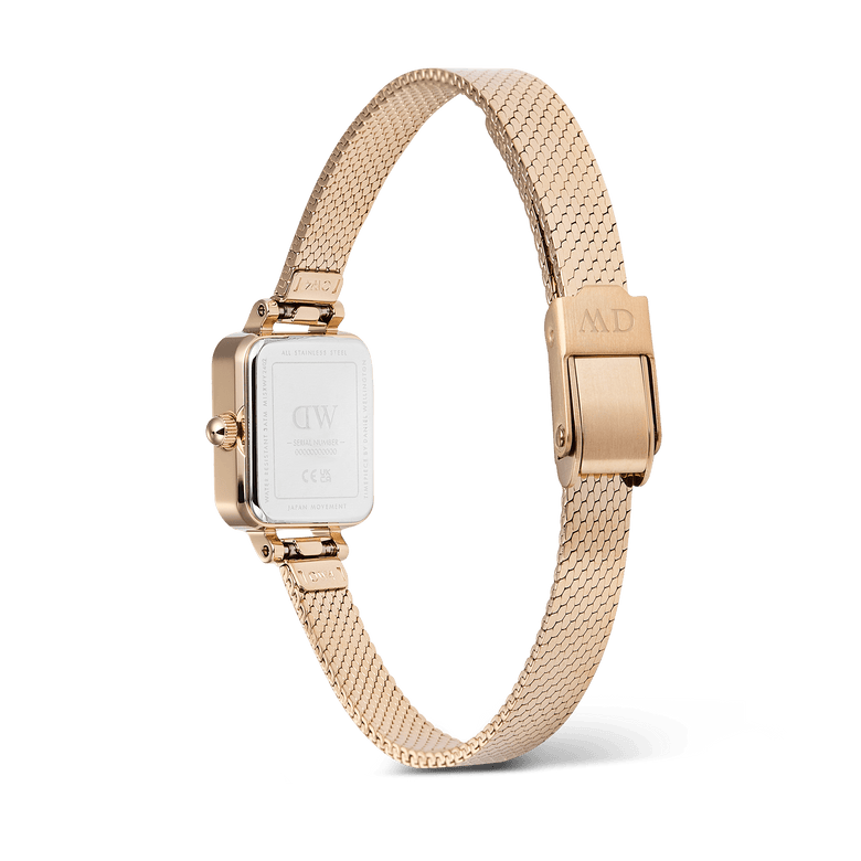 Rear view of the Quadro Mini Reflection Rose Gold ladies watch, showing the stainless steel case back, polished rose gold mesh strap, and secure clasp buckle.