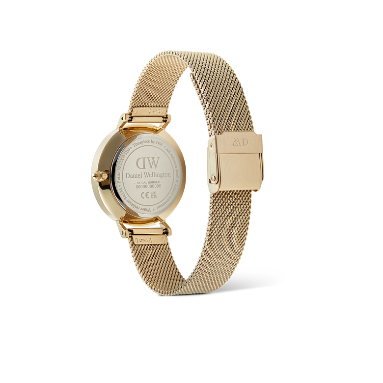 Back view of the Petite Lune Evergold ladies gold watch showing the engraved stainless steel case, adjustable gold mesh strap, and secure clasp, highlighting the craftsmanship and attention to detail.