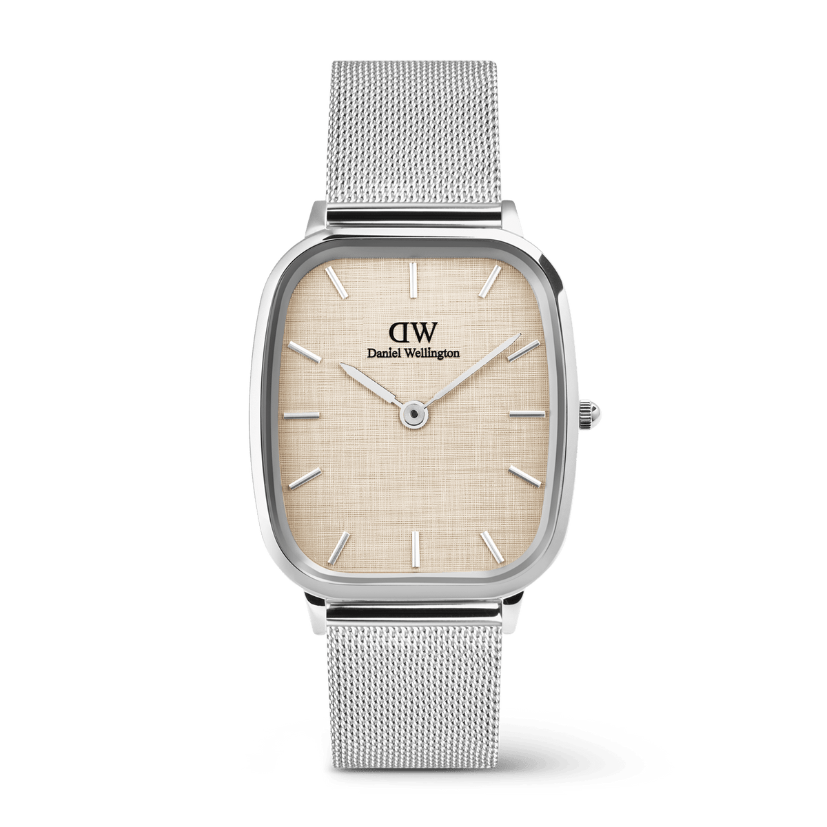 Marlon Sterling Linen men’s watch with a cushion-shaped silver stainless steel case, subtle yellow linen-textured dial, minimalist hour markers, and an adjustable silver mesh strap.