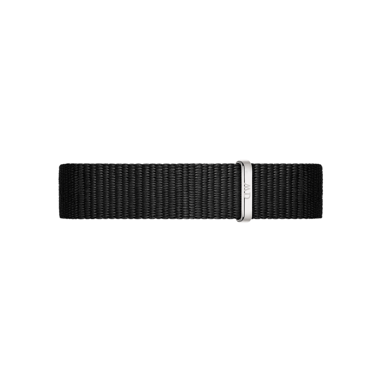 Cornwall Strap Silver features a sleek all-black NATO style polyester watch strap with a silver buckle, showcasing its minimalist design and durable woven texture.