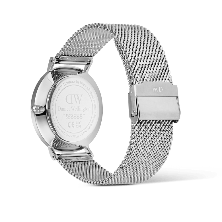 Back view of the Classic Day Display Sterling Arctic men's watch showing the engraved case, stainless steel mesh strap, and secure safety clasp.