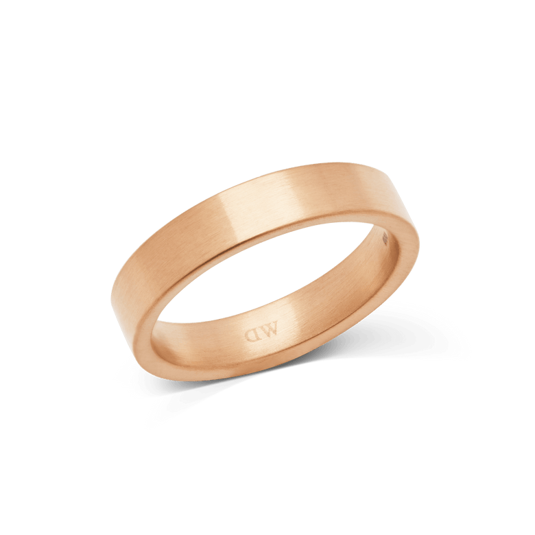 Brushed rose gold ring with a 4.5mm width, featuring a smooth matte finish and clean band silhouette, crafted from stainless steel and designed for everyday wear.