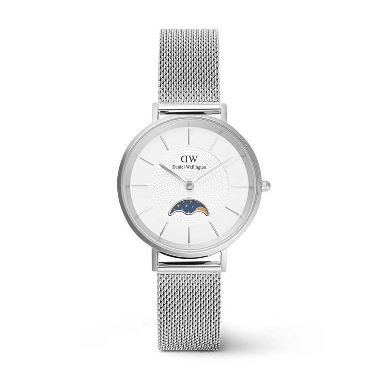 Petite Lune Sterling ladies watch with a silver mesh strap, minimalist white dial, and a moon phase sub-dial, designed for everyday elegance and versatility.
