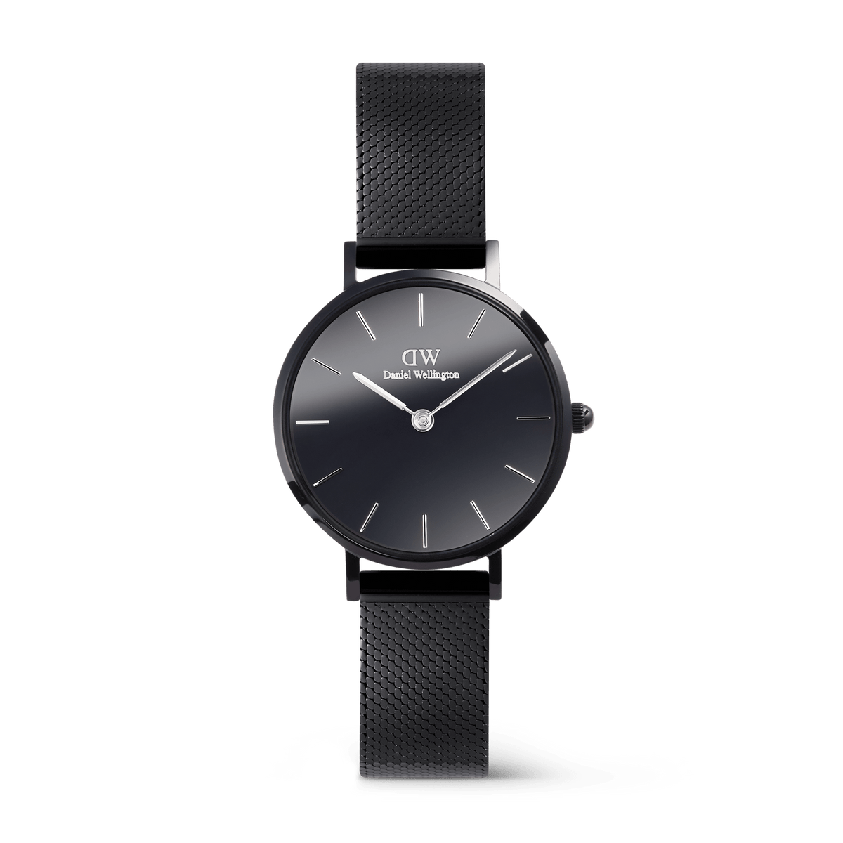 Daniel Wellington Petite Reflection Black watch with a 28mm black mirror glass dial, minimalist hour markers, and a polished black mesh stainless steel strap.