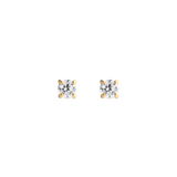 A pair of Mirelle Solitaire Stud Earrings in gold, each featuring a petite white cubic zirconia crystal set in a classic four-prong gold setting, shown against a plain background.