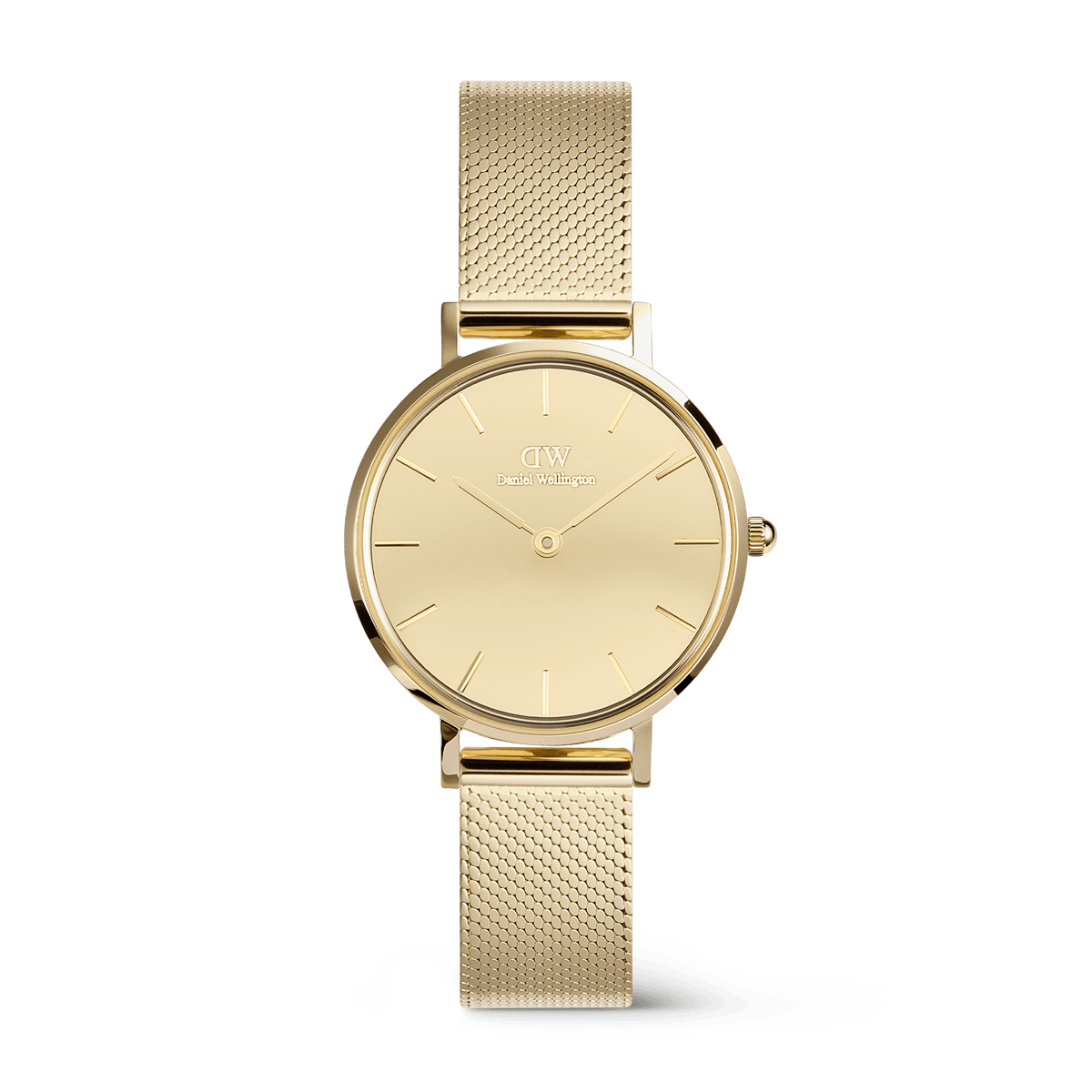 Petite Reflection Gold women’s watch with a 28mm gold mirror-effect dial and a polished gold mesh strap, featuring a minimalist design and Daniel Wellington branding.