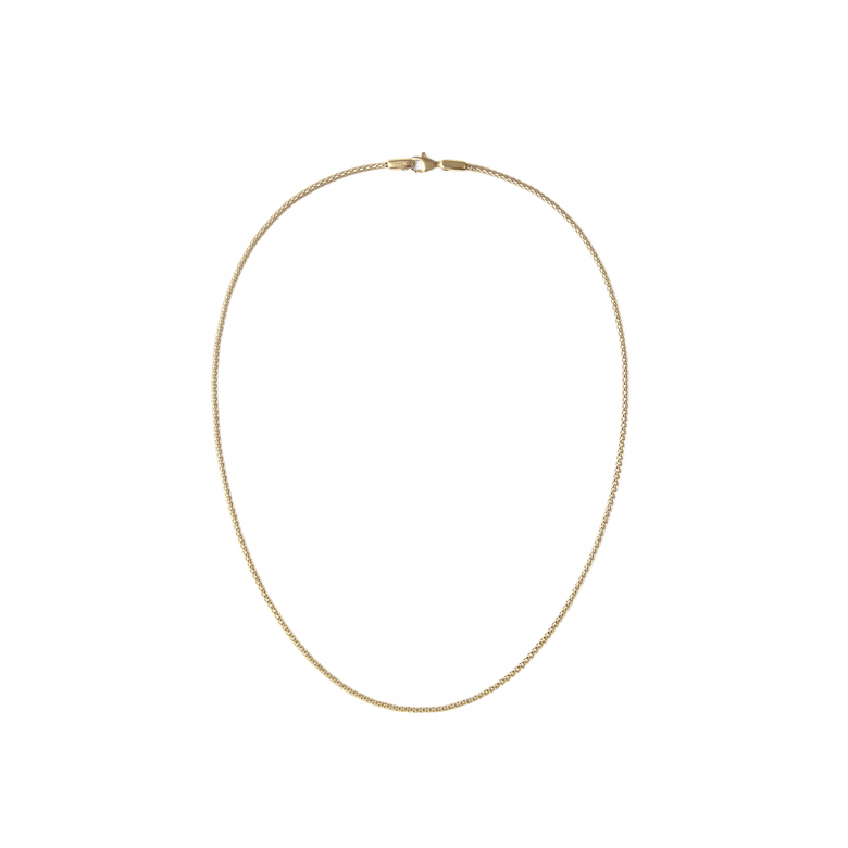 Slim gold mesh necklace with a polished finish, featuring a delicate chain and secure lobster clasp, designed to sit comfortably at the collarbone for a refined, modern look.