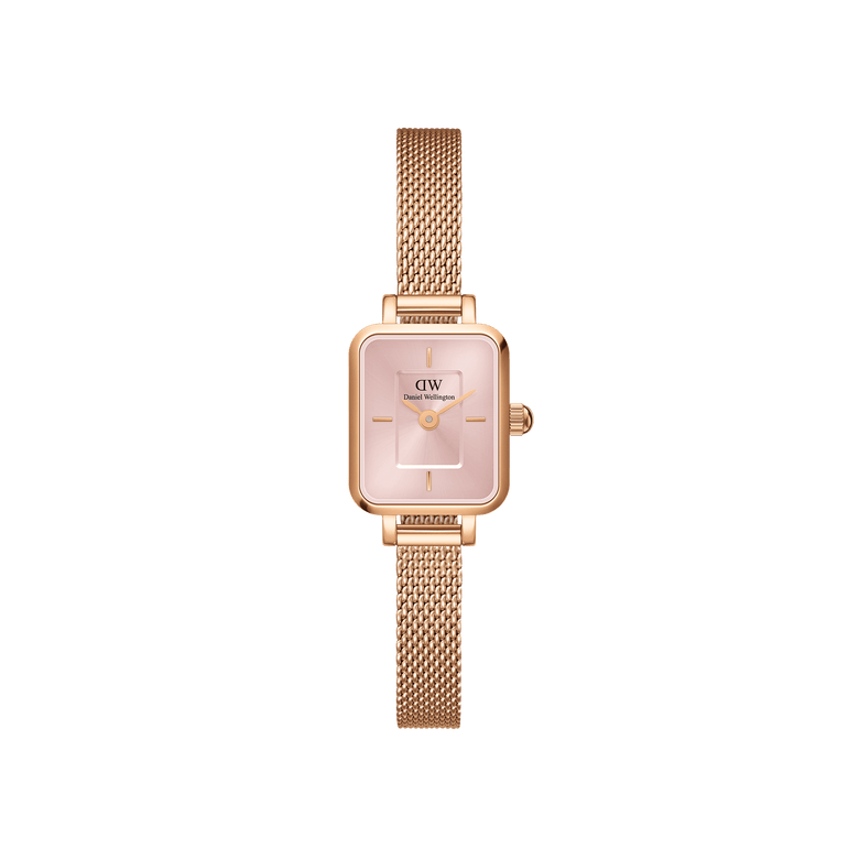 Quadro Mini Melrose Blush ladies watch featuring a petite rectangular rose gold case, soft pink dial, and a slim rose gold mesh strap, designed for small wrists and everyday elegance.