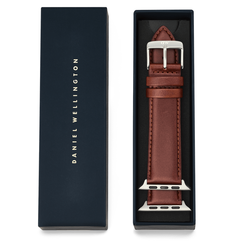 Smartwatch Leather Strap St Mawes Silver in brown stitched leather with a polished silver pin buckle, presented in a Daniel Wellington gift box, ready for use with the Apple Watch Ultra.