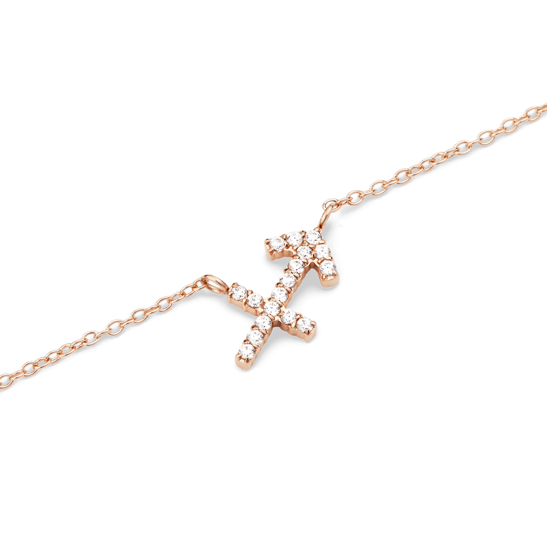 Crystal Zodiac Chain Necklace Rose Gold featuring a Sagittarius arrow pendant set with sparkling crystals on a delicate rose gold chain.