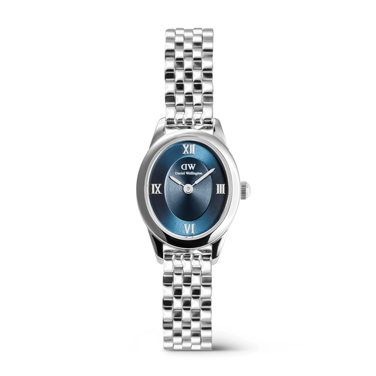 Ophelia Mini Arctic Silver ladies watch with a polished oval stainless steel case, blue sunray dial, Roman numeral markers, and a slim 5-link silver bracelet.