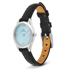Daniel Wellington Ophelia Mini Black Lizard Ice Blue Guilloché Silver watch featuring a petite oval silver case, ice blue guilloché dial with silver Roman numerals, and an adjustable black lizard-embossed leather strap with pin buckle closure.