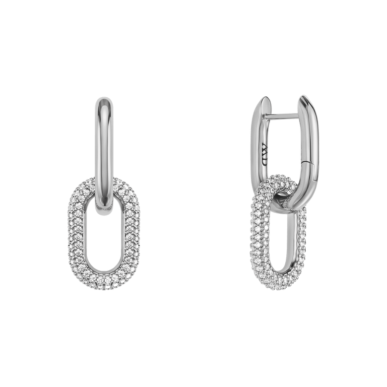 Crystal Link Earrings Silver featuring a chunky chain-inspired design with polished silver finish and sparkling cubic zirconia accents, shown in a pair with secure clasps.