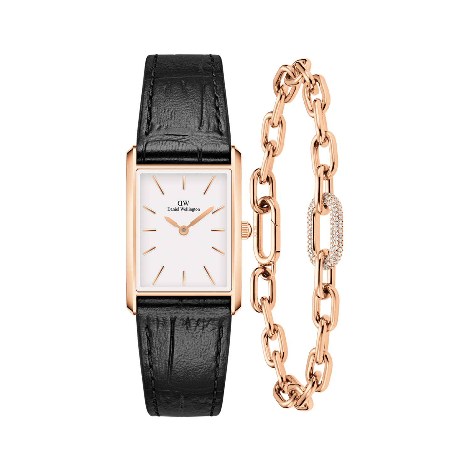 Bound Black Crocodile & Crystal Link Bracelet Rose Gold