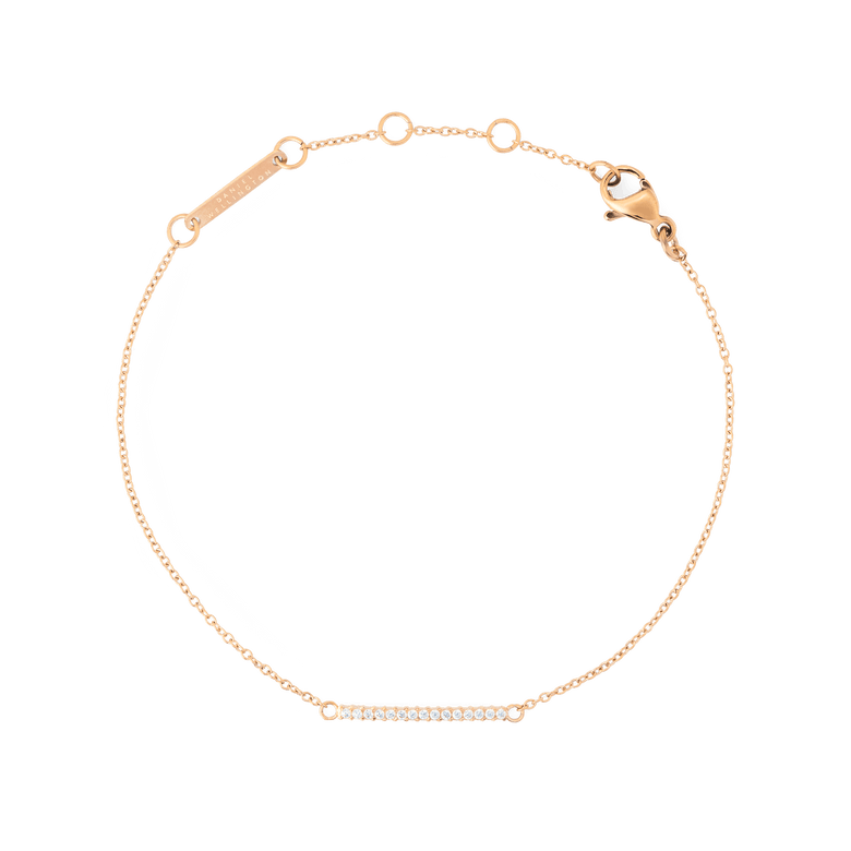 Delicate Mirelle Eternity Bracelet Rose Gold featuring a slim rose gold chain and a bar set with white cubic zirconia crystals, shown with an adjustable clasp for versatile styling.